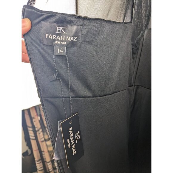 Farah Naz Black Velvet & Mesh Long Sleeve Gown Size 14 Keyhole Back Sheer Top Sl - Picture 4 of 8